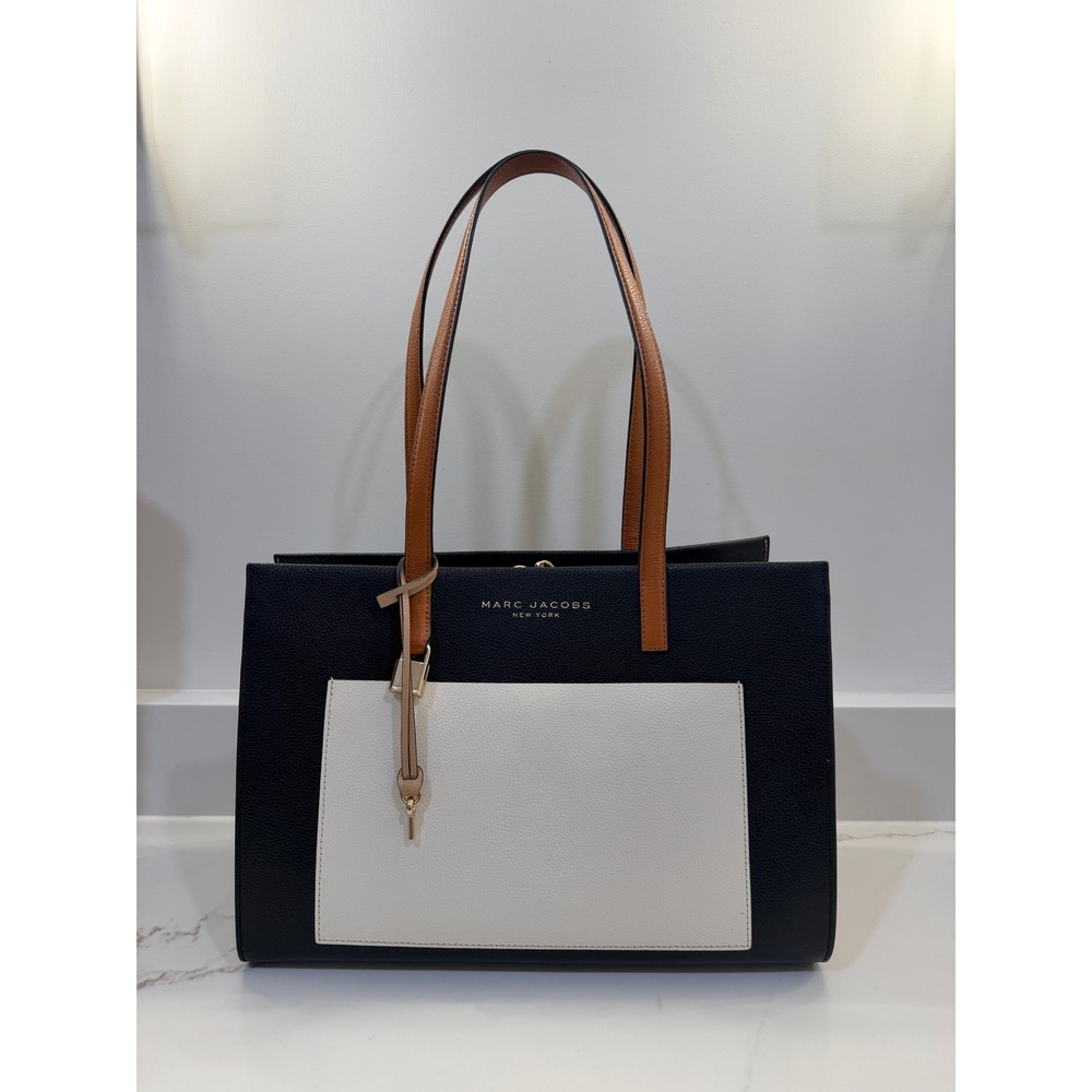 Marc Jacobs Grind Colorblock Leather Tote Bag Black White Tan Gold Hardware